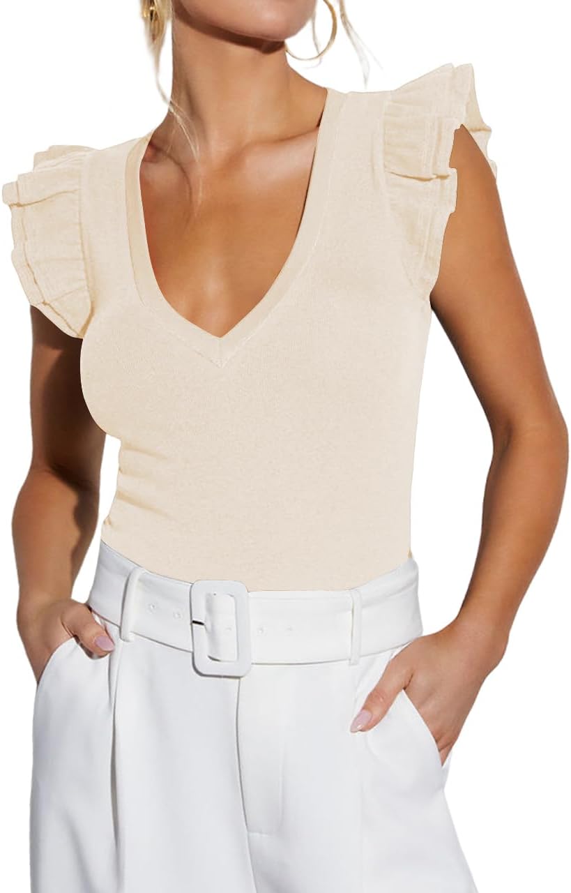 Women's Summer Sleeveless Tops V Neck Ruffle Shirts Ribbed Knit Tank Top Sexy Blouse Ladies Clothes 2026