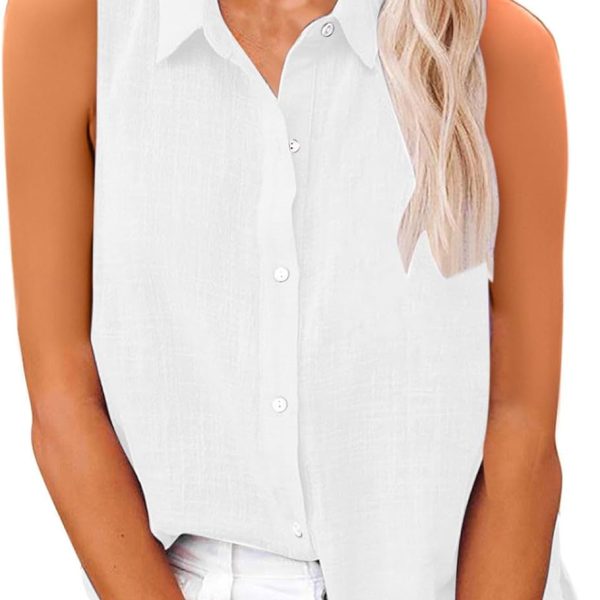 Cotton Linen Shirts for Women Sleeveless Collared Tops Oversized Button Up Blouses Work Shirts Casual Summer Tshirt