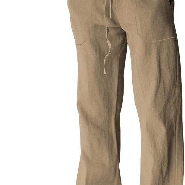 Men's Linen Pants Summer Cotton Beach Trousers Casual Lightweight Elastic Drawstring Waist Yoga Pants