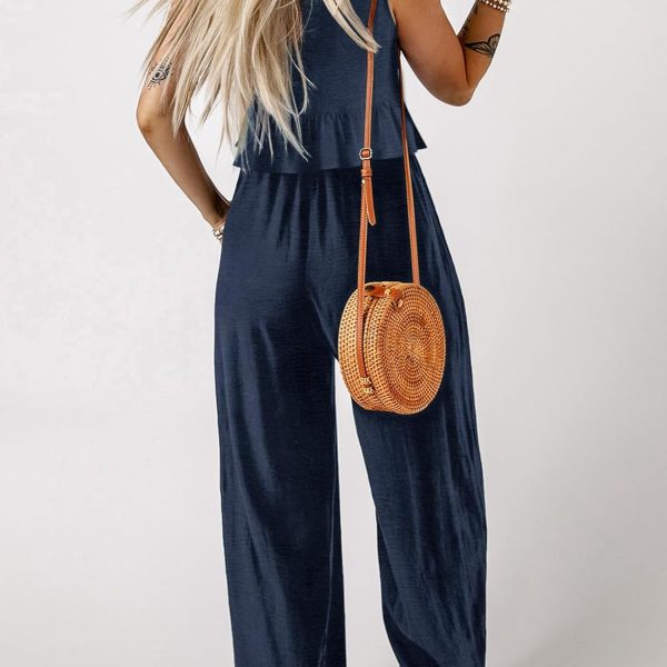 Pants Sets Women 2 Piece Outfits Sleeveless Round Neck Tank Tops Matching Sets for Women Elastic Waist Wide Leg