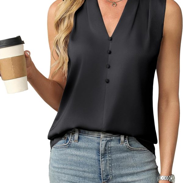 Womens Dressy Tank Tops Summer Sleeveless Work Blouses Silk Satin V Neck Shirts Business Casual Outfits